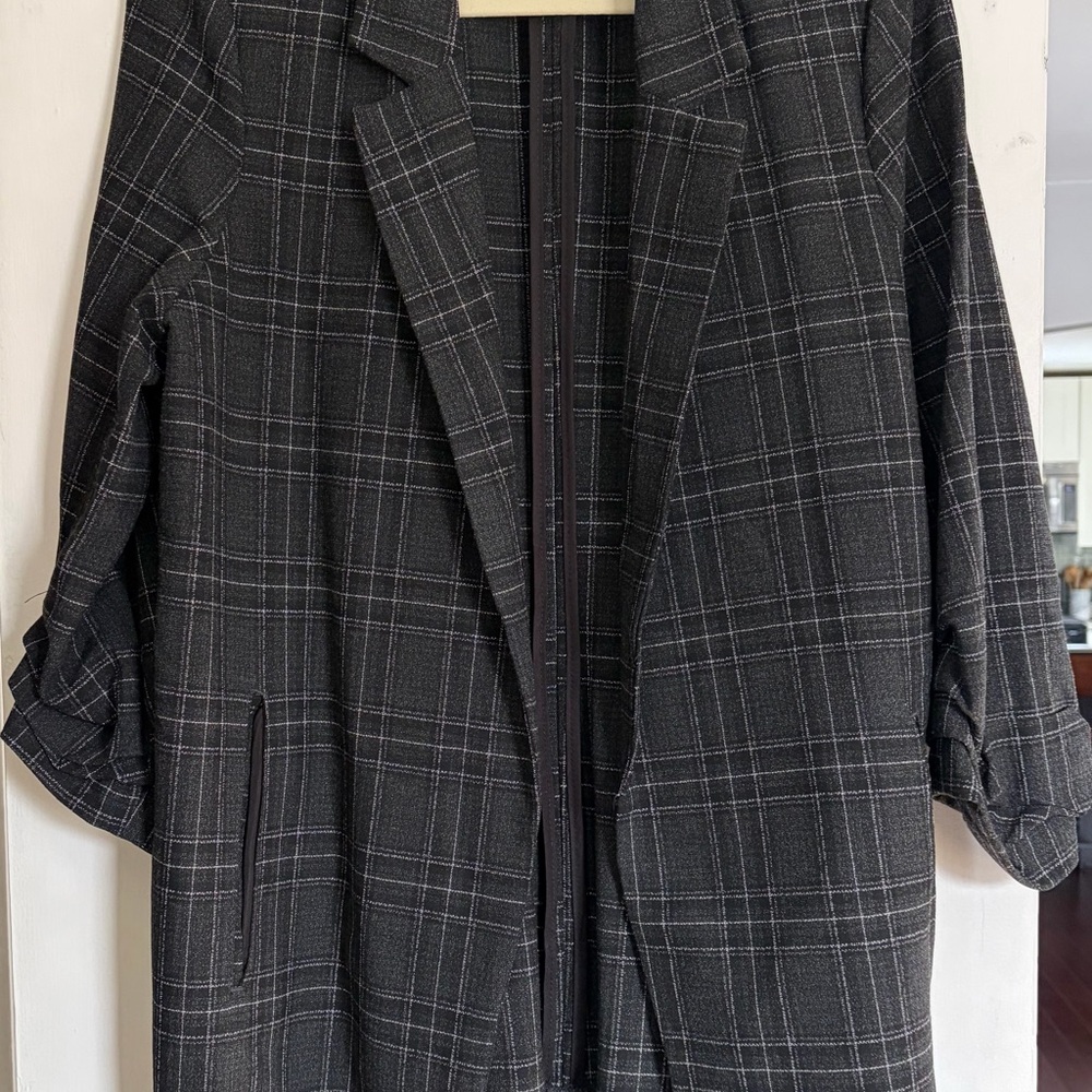 Rachel Zoe Charcoal Plaid Long Blazer  Coat with ruched sleeves